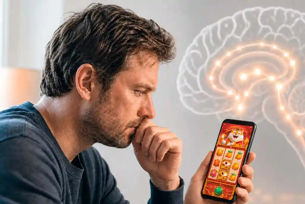 Pessoa pensativa segurando celular com tela de aplicativo de apostas, ilustrando a preocupação com o jogo patológico.